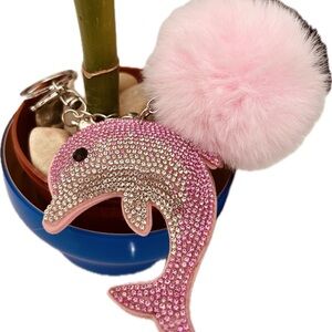 Cute Pink Glitter Crystal Dolphin with Fluffy Pom Pom Fashion Keyring Keychain
